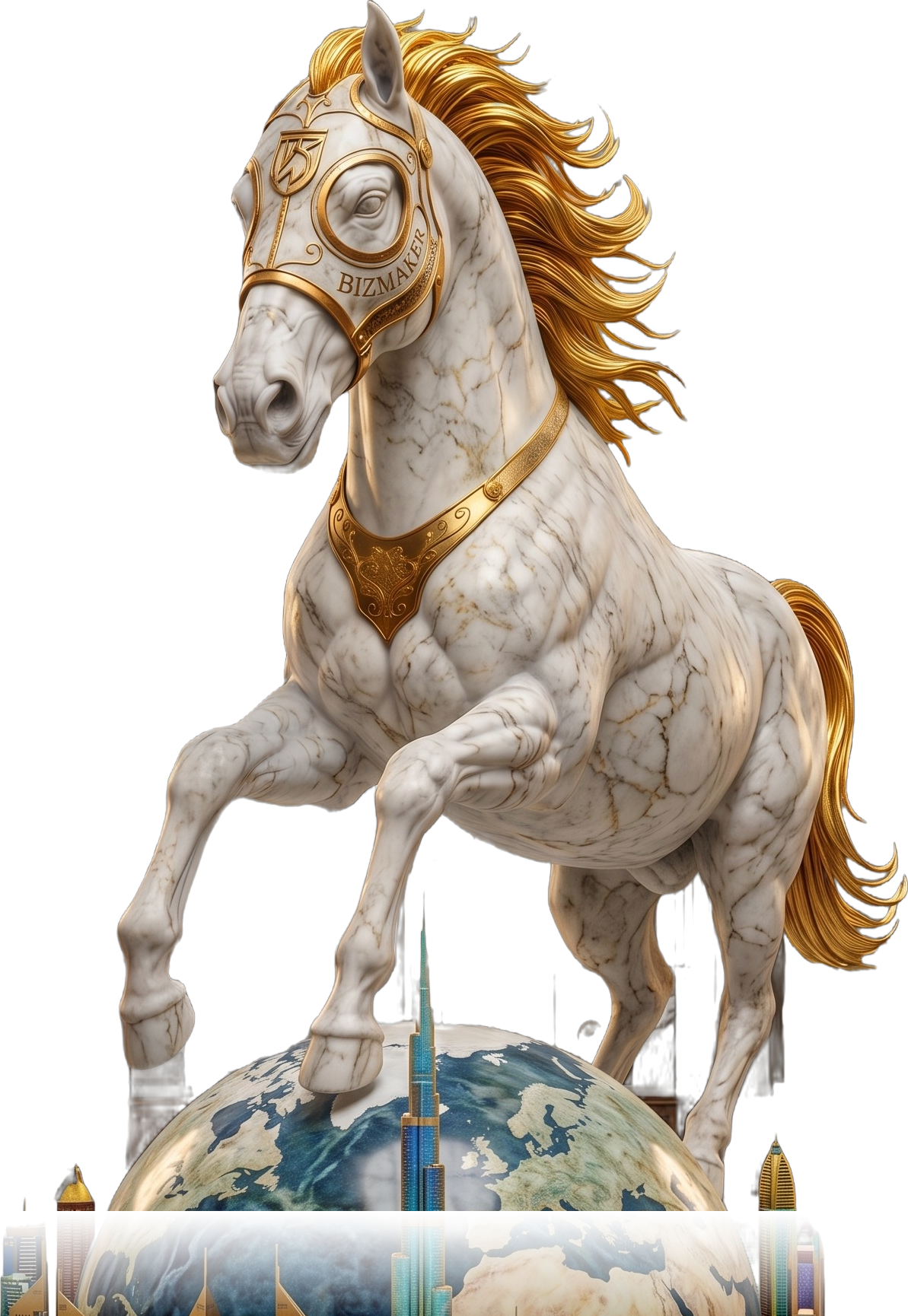 BizMaker golden Dubai skyline monument resting on a marble globe