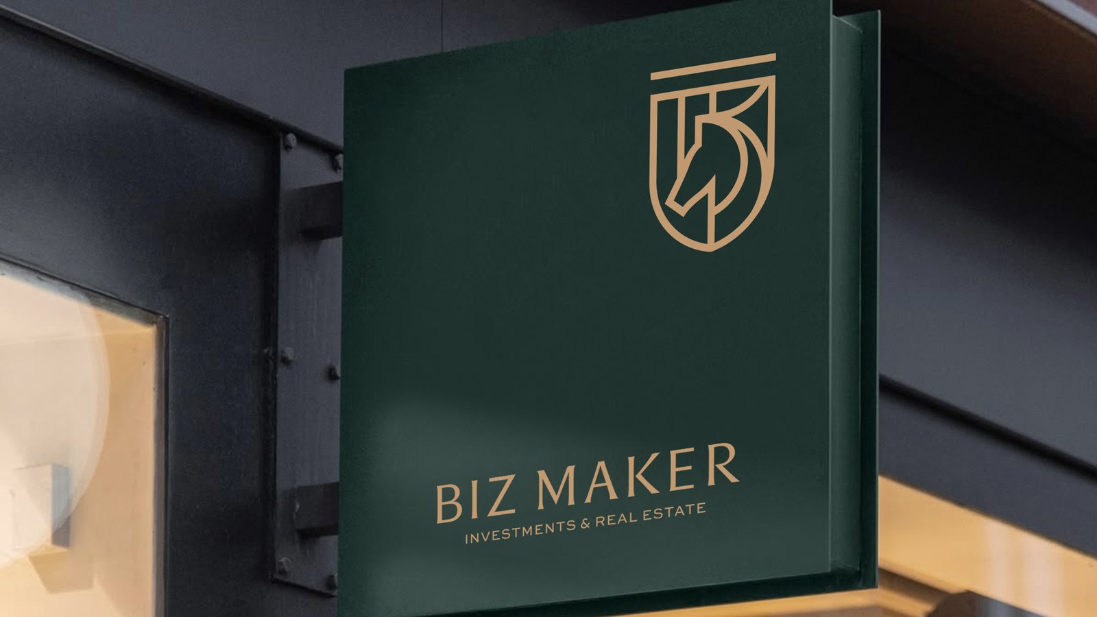 BizMaker commercial presence — architectural signage at dusk