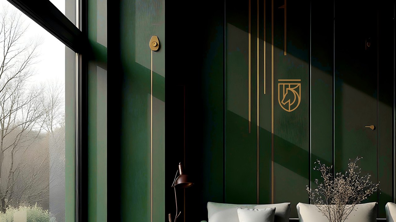 Luxury hospitality interior in deep green and champagne gold